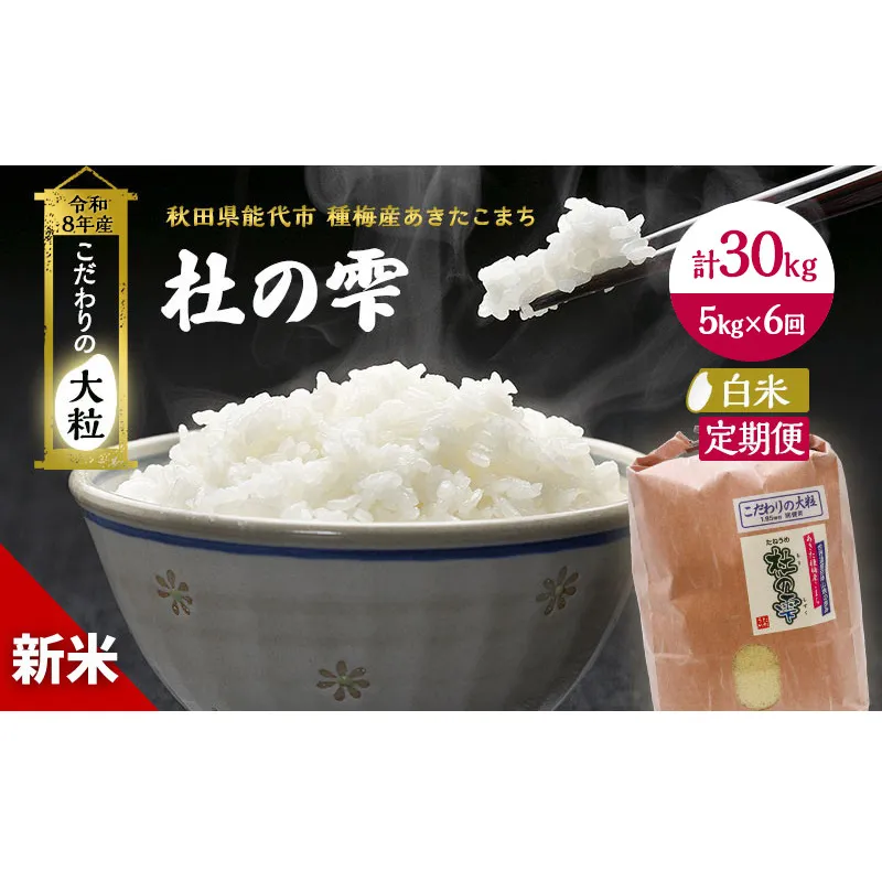新米 先行予約 令和8年産[白米]【定期便6ヶ月】秋田県産 あきたこまち 5kg×6回 計30kg「杜の雫」こだわりの大粒 種梅産【 お米 おこめ たねうめ 精米 ご飯 ごはん ブランド米 大粒 おにぎり 産地直送 能代 】