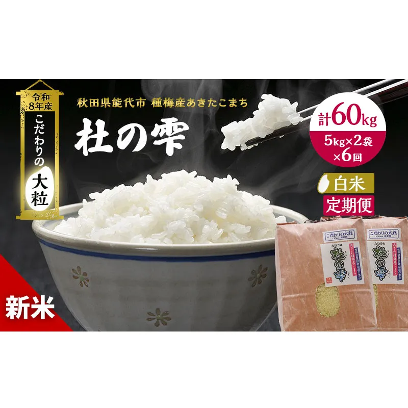新米 先行予約 令和8年産[白米]【定期便6ヶ月】秋田県産 あきたこまち 10kg(5kg×2)×6回 計60kg 「杜の雫」こだわりの大粒 種梅産【 お米 おこめ たねうめ 精米 ご飯 ごはん ブランド米 大粒 おにぎり 産地直送 能代 】