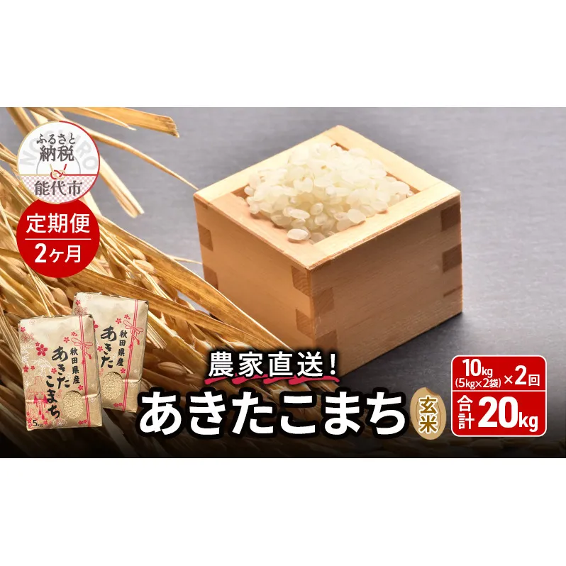 【2025年2月からお届け】《定期便2ヶ月》玄米 農家直送！うまい!! 本場のあきたこまち 10kg（5kg×2袋）×2回 合計20kg ご飯 ブランド米 おにぎり 令和6年産 産地直送 おこめ ごはん 秋田県 秋田 能代市