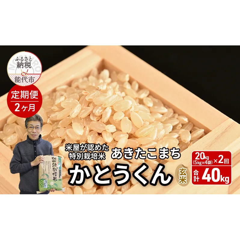 《定期便2ヶ月》 新米 玄米 特別栽培米 秋田県産 あきたこまち 米屋が認めたお米 「かとうくん」20kg（5kg×4袋）×2回 合計40kg
