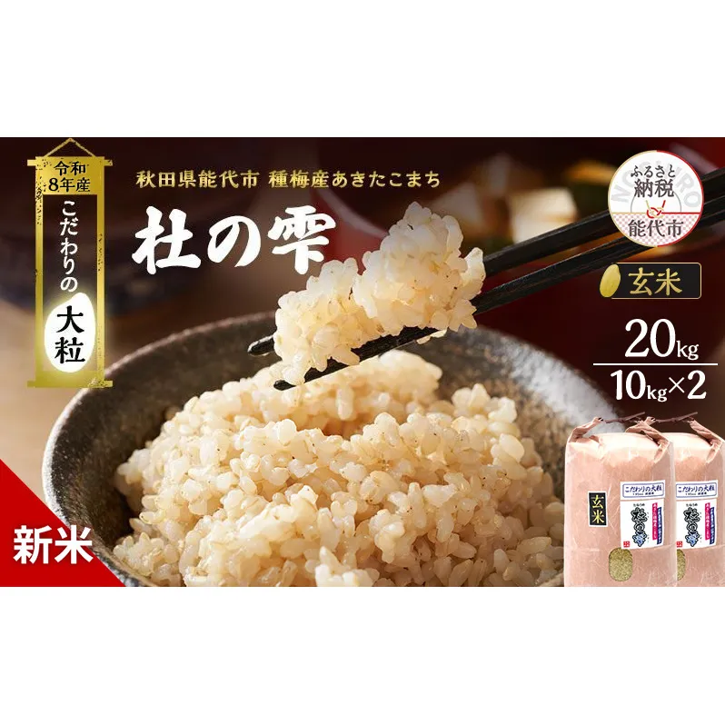 新米 先行予約 令和8年産[玄米]秋田県産 あきたこまち 20kg(10kg×2)「杜の雫」こだわりの大粒 種梅産【 お米 たねうめ 玄米 精米 ご飯 ブランド米 大粒 おにぎり 産地直送 おこめ ごはん 】