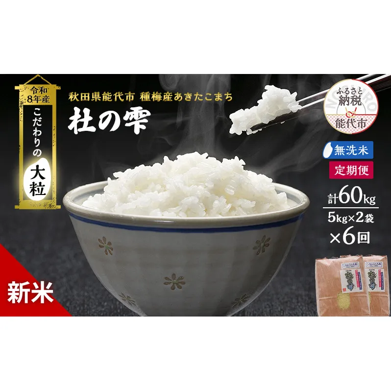新米 先行予約 令和8年産[無洗米]【定期便6ヶ月】秋田県産 あきたこまち 10kg(5kg×2)×6回 計60kg 「杜の雫」こだわりの大粒 種梅産【 お米 おこめ たねうめ 精米 ご飯 ごはん ブランド米 大粒 おにぎり 産地直送 能代 】