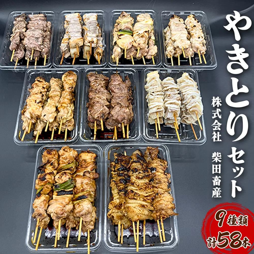 やきとりセット　計58本（ももたれ、もも塩、ねぎたれ、ねぎ塩、かしらたれ、さがり、バラ、なんこつ、皮たれ） 横手市