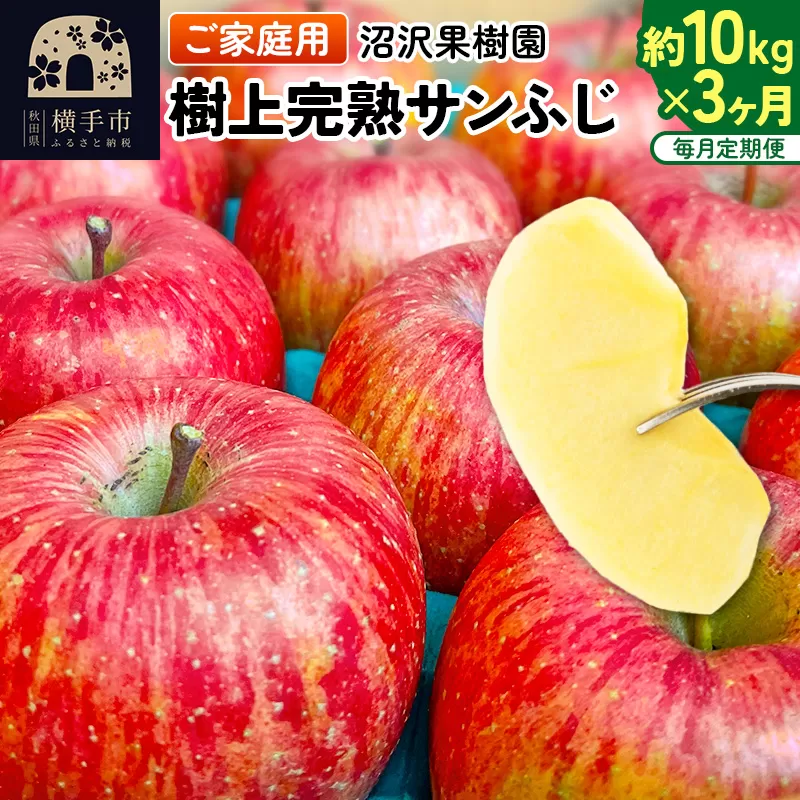 《定期便3ヶ月》樹上完熟サンふじ ご家庭用 約10kg（1回26〜46玉前後）×3回 計30kg 3か月 3ヵ月 3カ月 3ケ月 横手市