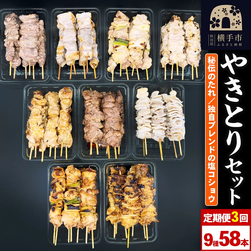《定期便3ヶ月》やきとりセット　計58本（ももたれ、もも塩、ねぎたれ、ねぎ塩、かしらたれ、さがり、バラ、なんこつ、皮たれ）