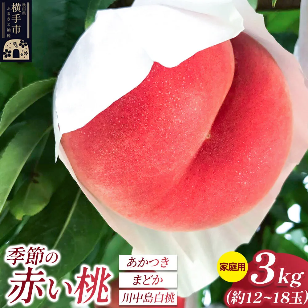 季節の赤い桃（あかつき、まどか、川中島白桃）家庭用 約3kg（約12玉〜18玉） 喜三郎農園 [秋田県 横手市 桃 もも モモ 果物 フルーツ 家庭用] 秋田県横手市
