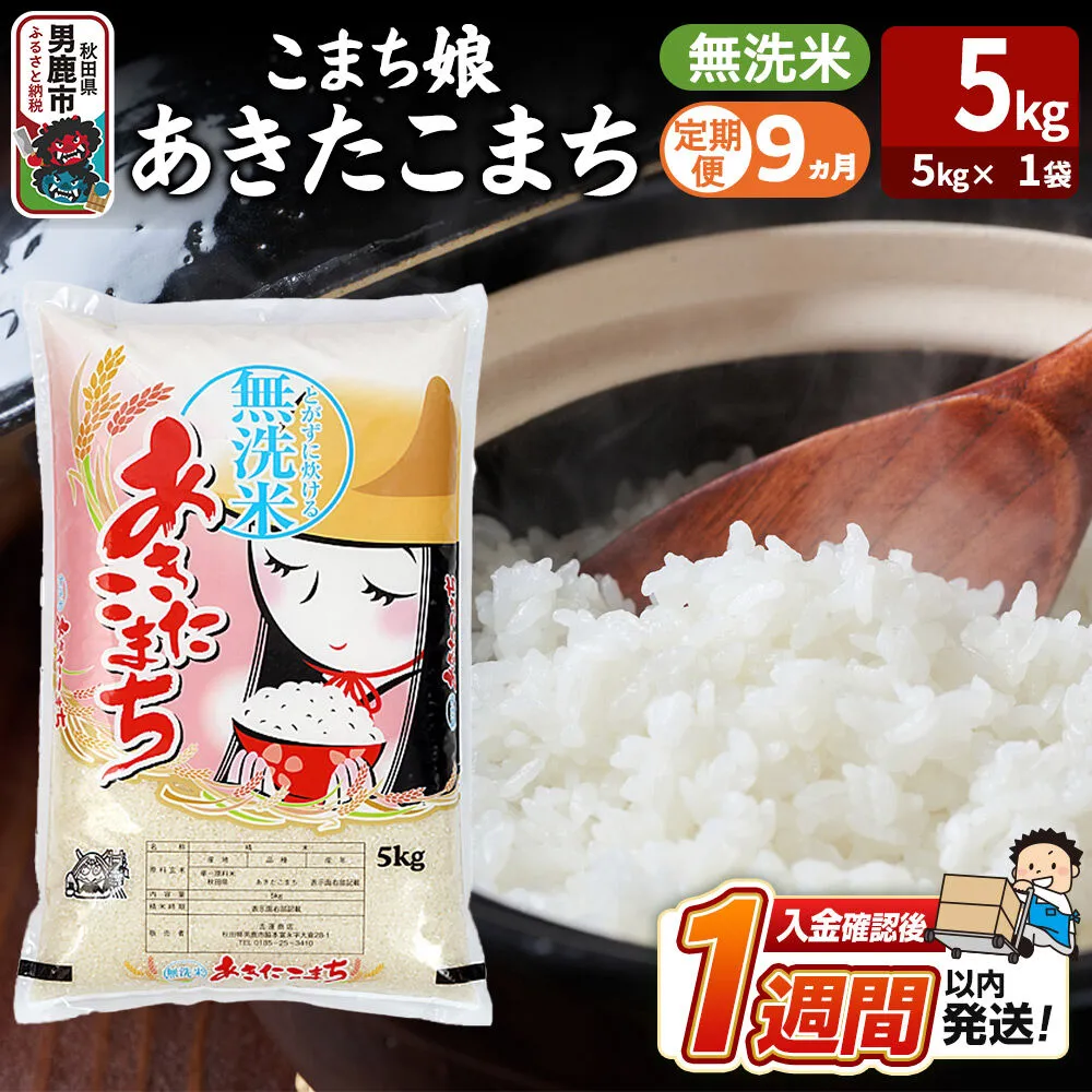 令和8年産新米《定期便9ヶ月》『こまち娘』あきたこまち 無洗米（5kg×1袋） 吉運商店 秋田県 男鹿市 お米 お弁当 おにぎり [新米 米 こめ コメ 無洗米 あきたこまち 秋田県 男鹿市 5kg] 秋田県男鹿市