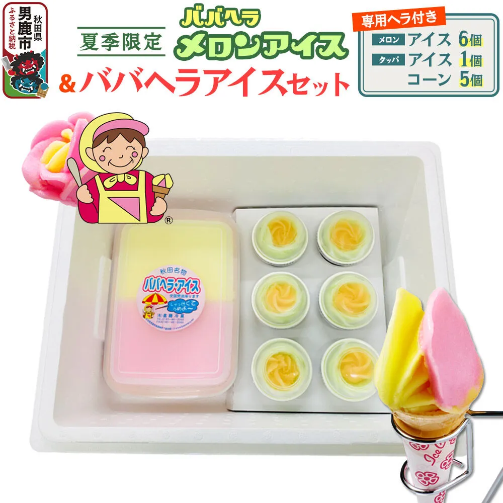 ババヘラ・メロンバラ盛りカップ＆タッパアイスセット【進藤冷菓】 ご当地アイス [ババヘラ メロン アイス バラ盛りカップ タッパアイス コーン] 秋田県男鹿市