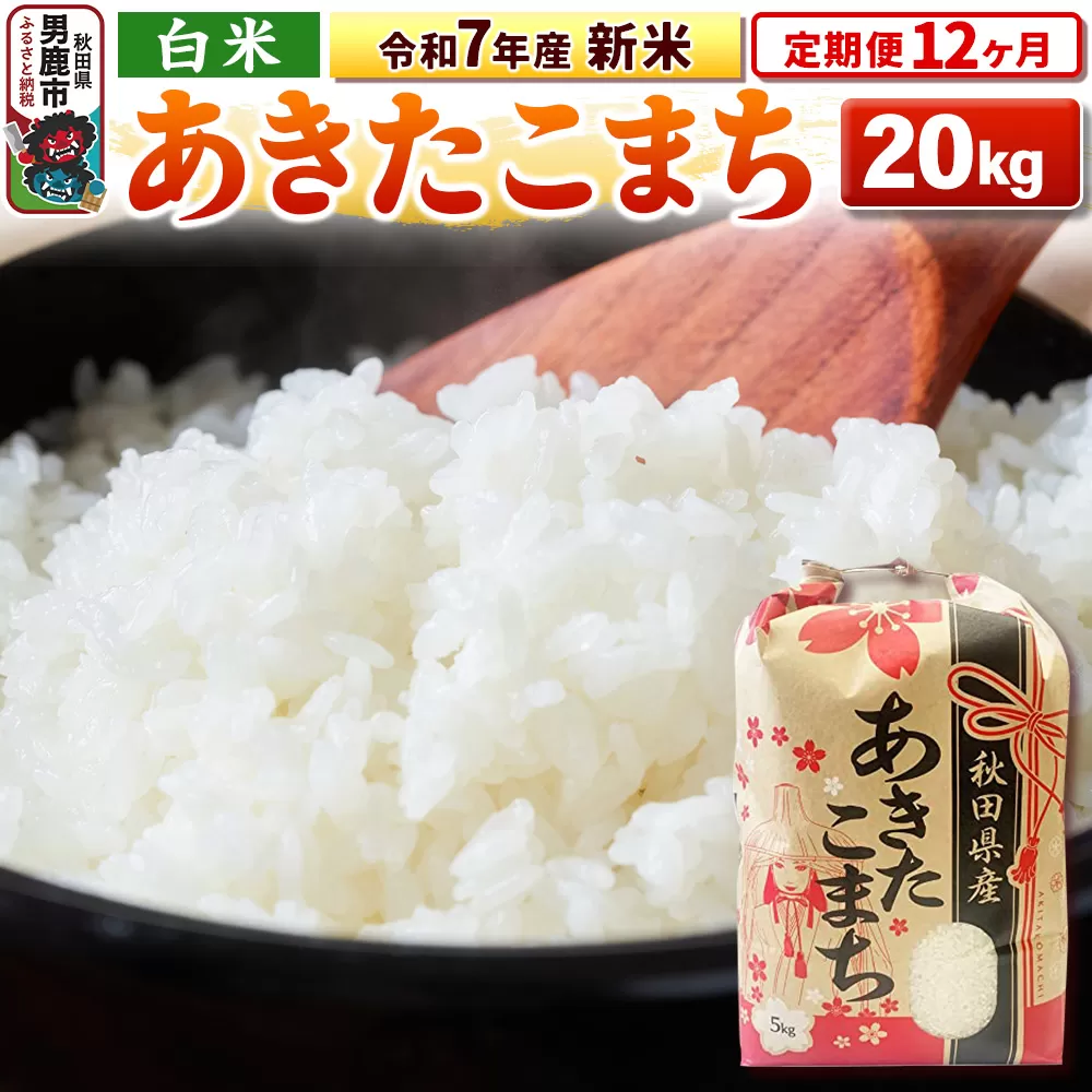 《定期便12ヶ月》令和7年産 新米 【白米】秋田県産 あきたこまち 20kg（5kg×4袋） 男鹿市