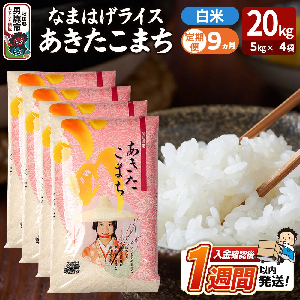 令和8年産新米《定期便9ヶ月》『なまはげライス』あきたこまち 白米 20kg（5kg×4袋）吉運商店 秋田県 男鹿市 精米 お米 お弁当 おにぎり [新米 米 こめ コメ 白米 あきたこまち 秋田県 男鹿市 20kg] 秋田県男鹿市
