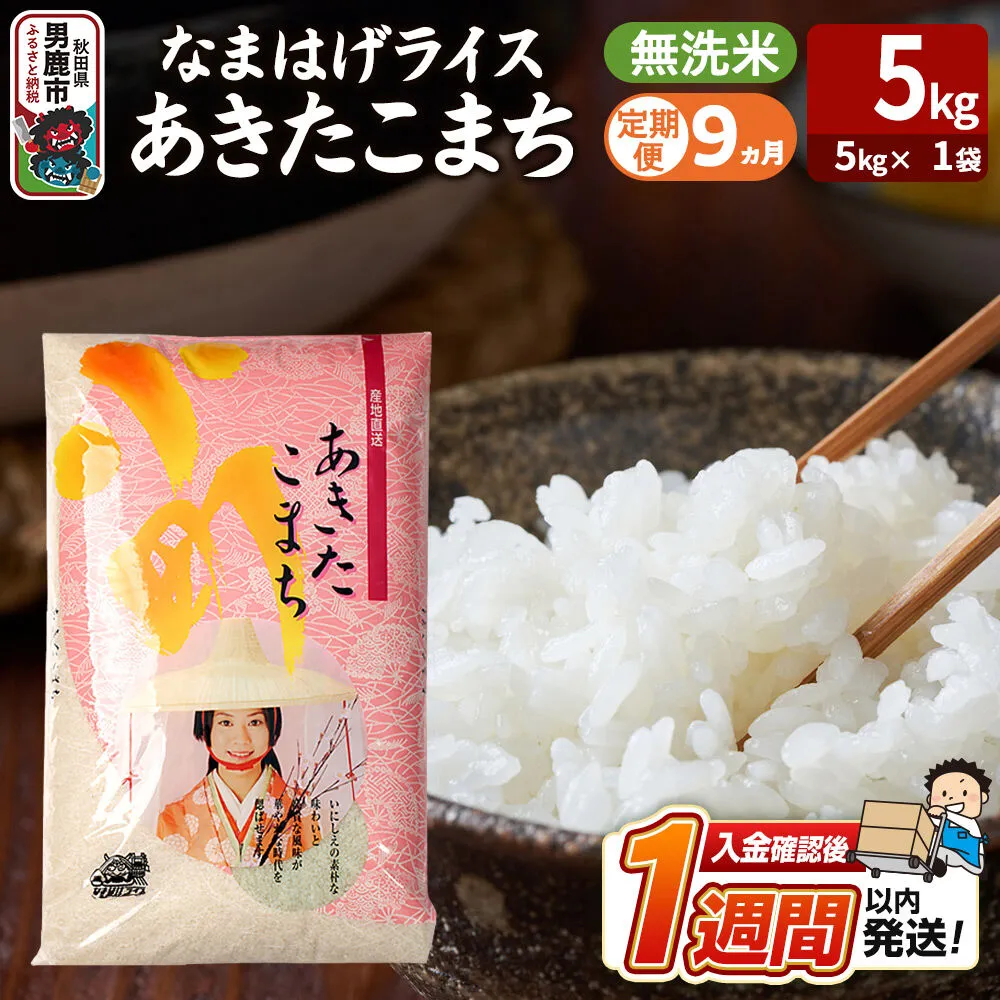 令和8年産新米《定期便9ヶ月》『なまはげライス』あきたこまち 無洗米（5kg×1袋） 吉運商店 秋田県 男鹿市 お米 お弁当 おにぎり [新米 米 こめ コメ 無洗米 あきたこまち 秋田県 男鹿市 5kg] 秋田県男鹿市