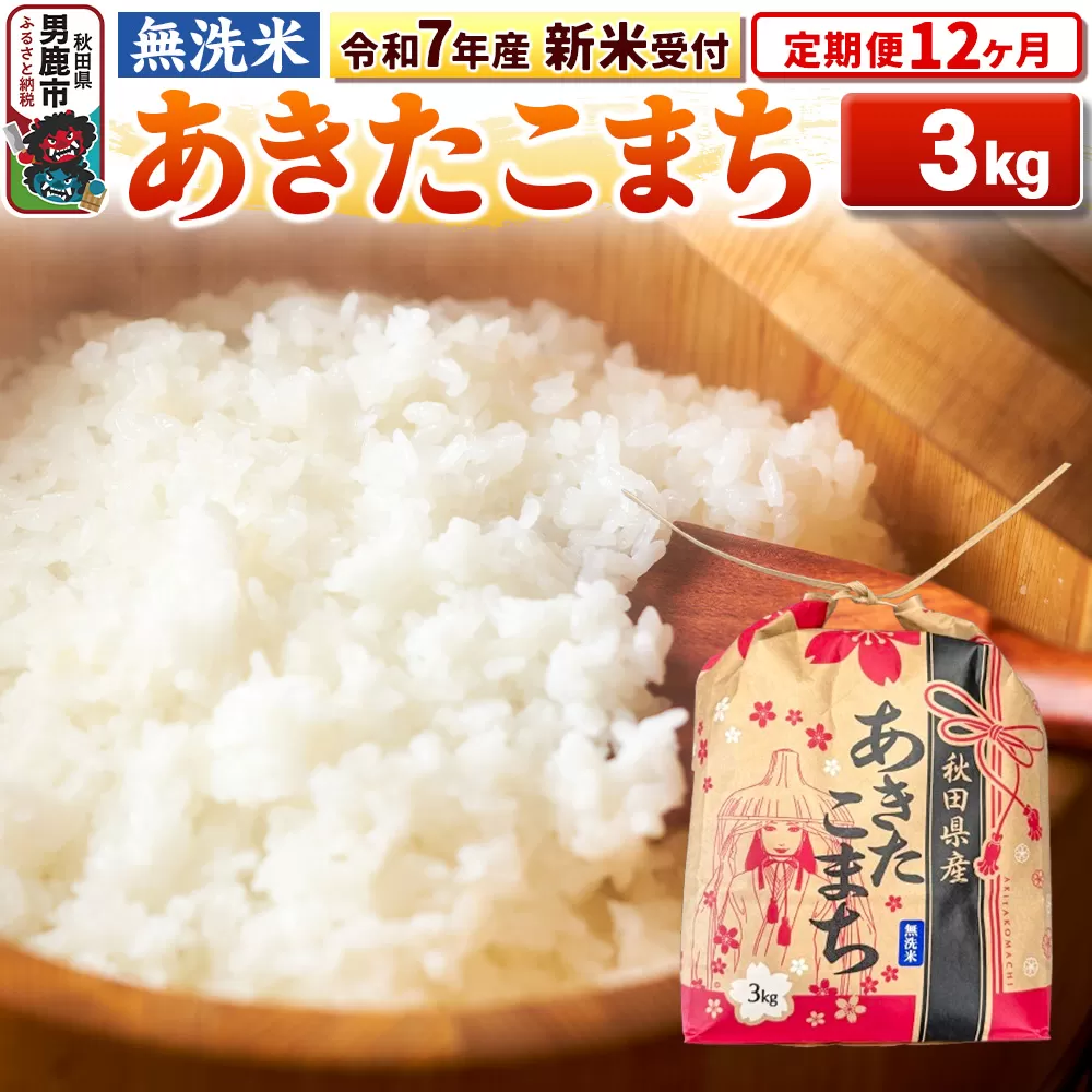 《令和7年産 新米受付》《定期便12ヶ月》【無洗米】秋田県産 あきたこまち 3kg 秋田県 男鹿市 こまちライン