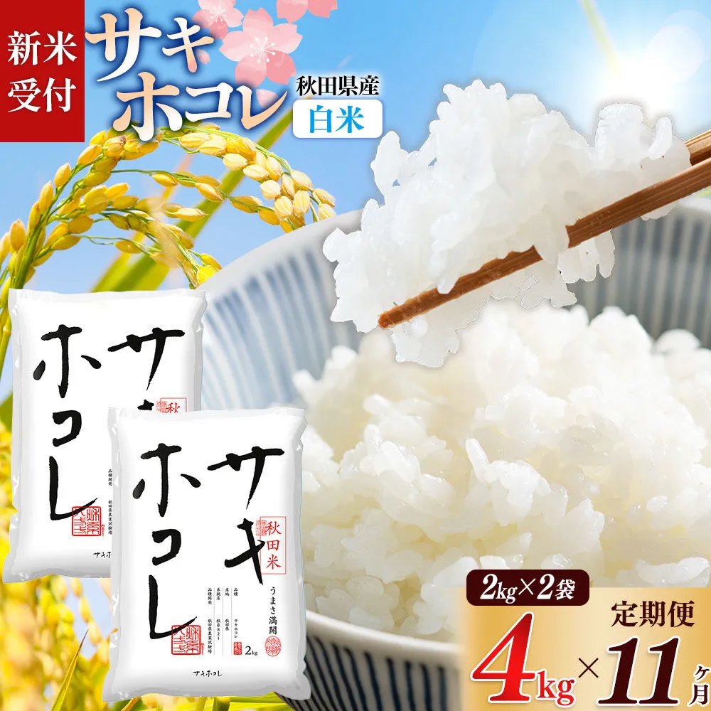《令和8年産 新米受付》《定期便11ヶ月》【白米】サキホコレ4kg（2kg×2袋）×11回 計44kg 精米 特A評価米 秋田県産 [サキホコレ 米 お米 こめ 白米 精米 ブランド米 食卓 おにぎり 秋田県産 国産 おいしい 秋田県 由利本荘市] 秋田県由利本荘市