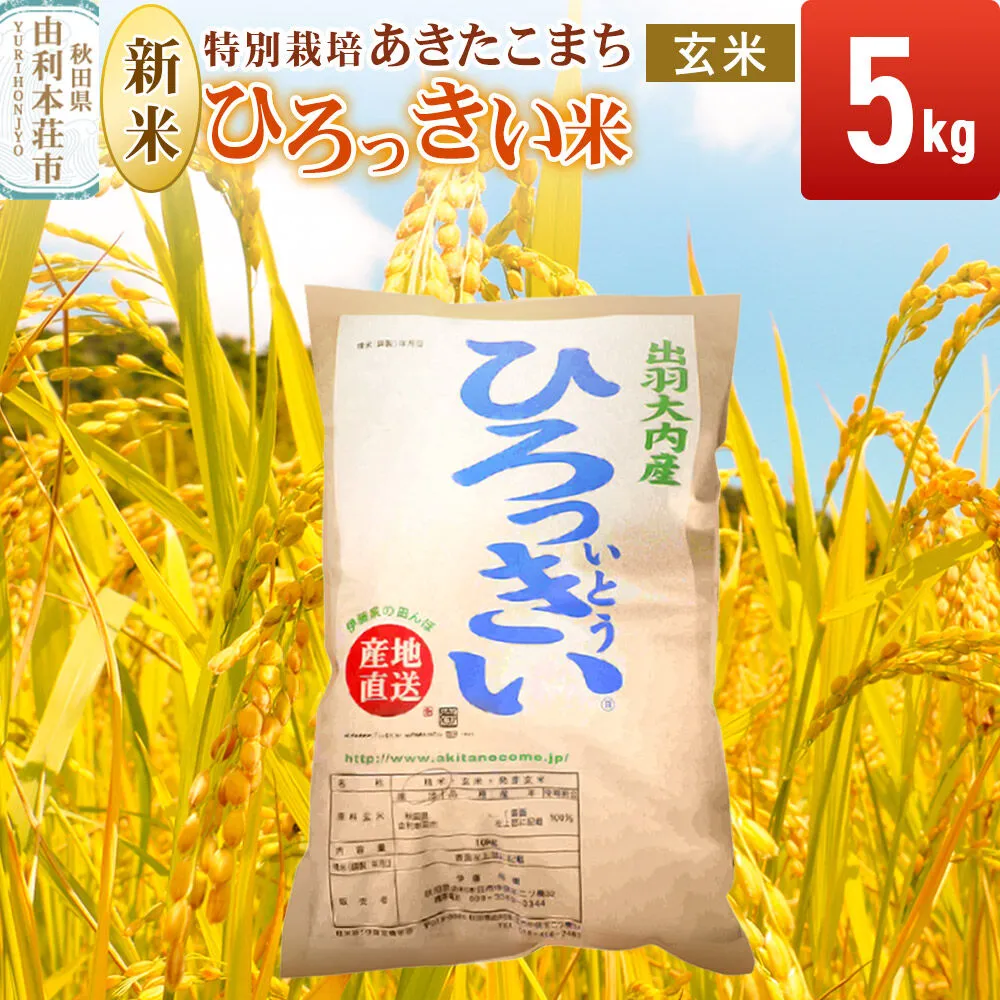 《令和8年産 新米受付》【玄米】あきたこまち 5kg 秋田県産  特別栽培米 ひろっきい米 [新米 あきたこまち 米 玄米 お米 おこめ ブランド米 食卓 おにぎり 秋田県産 秋田県 由利本荘市] 秋田県由利本荘市