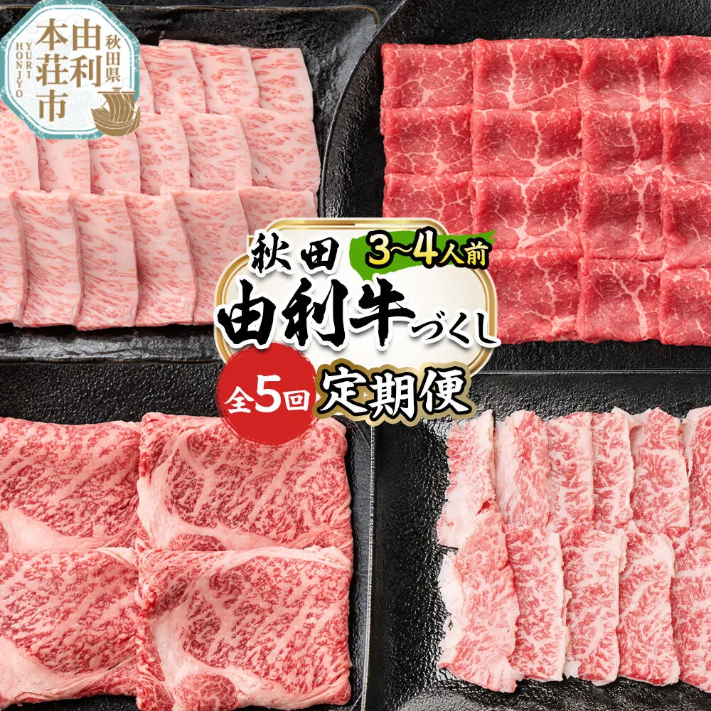 【定期便 全5回】由利牛づくし セット 合計3.12kg（目安：3〜4人前） [牛肉 肉 秋田由利牛 黒毛和牛 国産 しゃぶしゃぶ すき焼き 焼肉 バーベキュー 食べ比べ セット 秋田かまくらミート] 秋田県由利本荘市