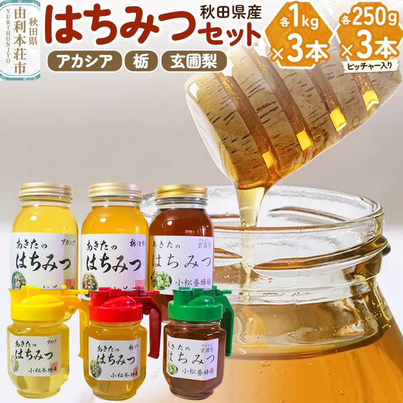 小松養蜂場 はちみつ 秋田県産 100％ 秋田のはちみつ6本セット 合計3.75kg（アカシア、栃、 玄圃梨 各1Kg×1本+ピッチャー入250g×1本)