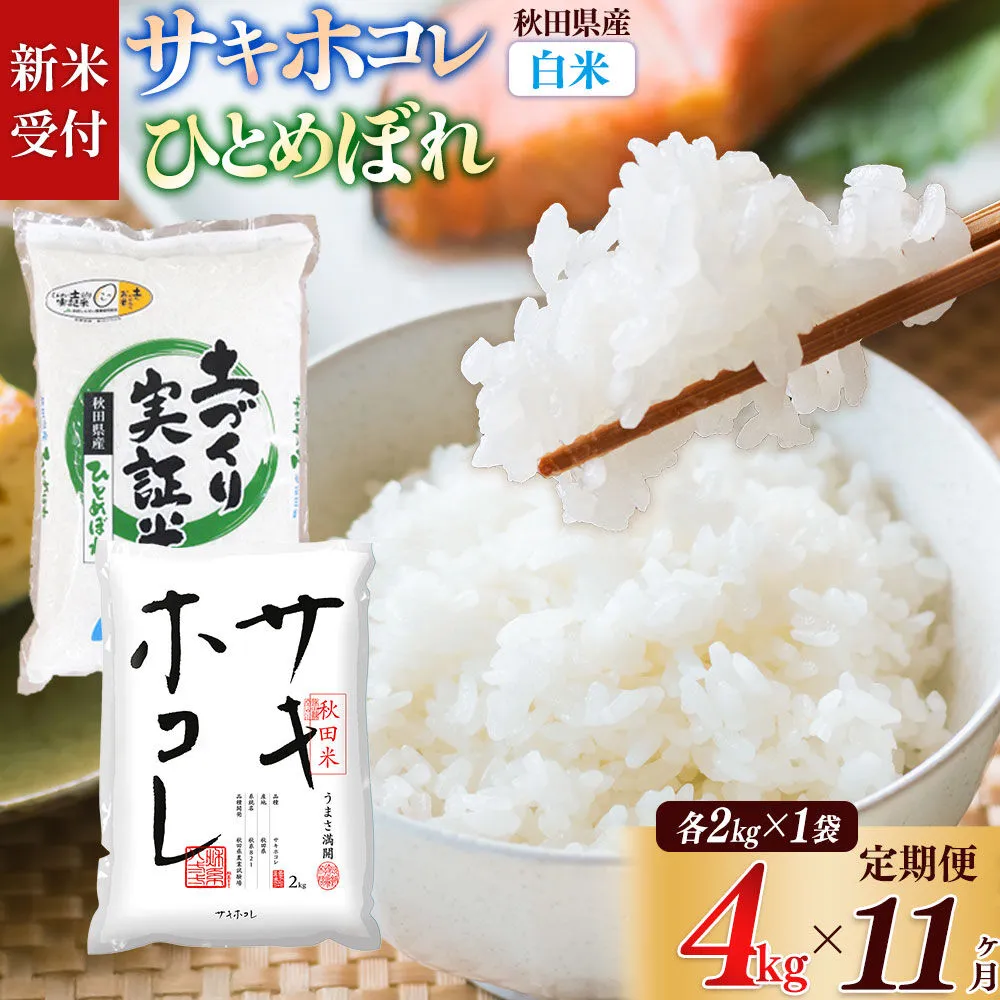 《令和8年産 新米受付》《定期便11ヶ月》【白米】サキホコレ2kg・土づくり実証米ひとめぼれ2kg (計4kg) ×11回 計44kg 精米 特A評価米 秋田県産 [サキホコレ ひとめぼれ 米 お米 こめ 白米 精米 ブランド米 食卓 おにぎり 食べ比べ 秋田県産 国産 土作り実証米 おいしい 秋田県 由利本荘市] 秋田県由利本荘市