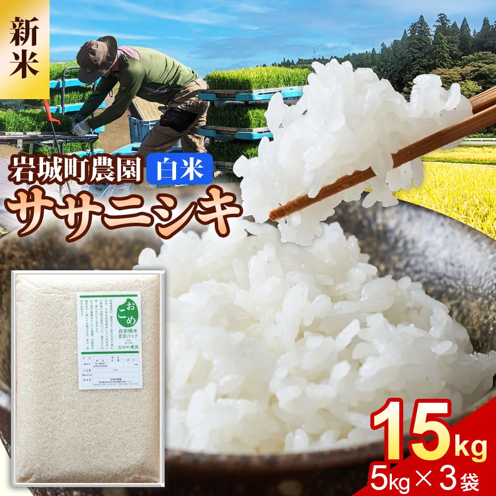 《令和8年産 新米》【白米】ササニシキ 15kg(5kg×3袋) 秋田県 由利本荘市産 真空パック 岩城町農園 [新米 米 お米 精米 秋田県産 ササニシキ 白米 ブランド米 食卓 おにぎり 秋田県産 秋田] 秋田県由利本荘市