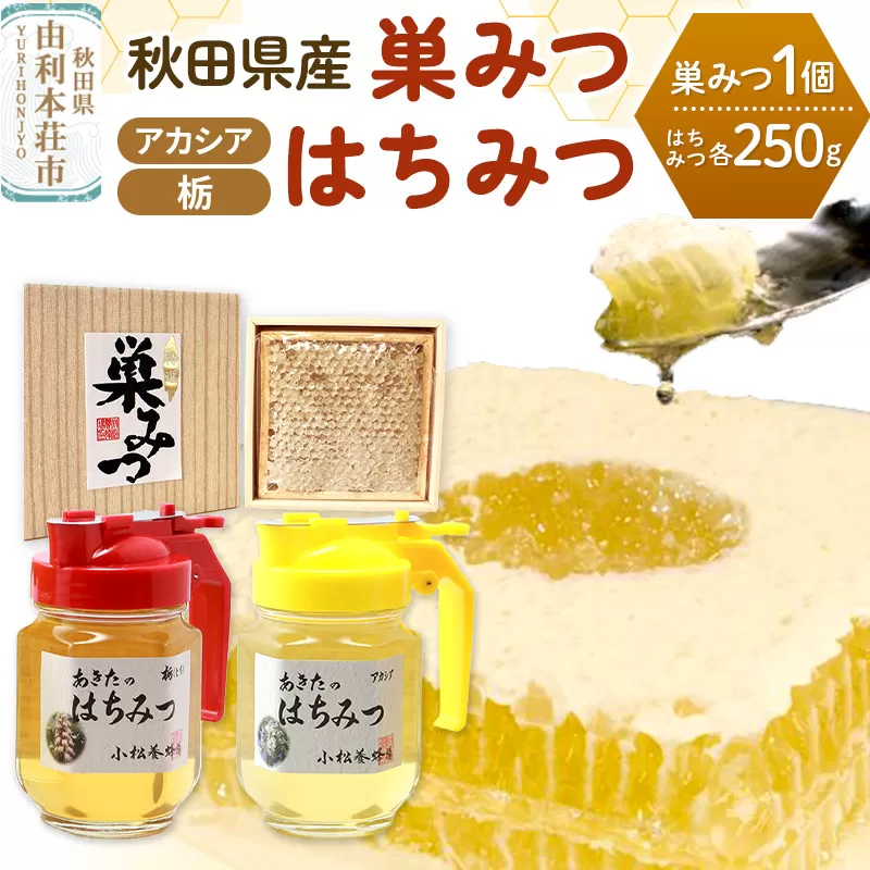 小松養蜂場 はちみつ 秋田県産 100％ 巣みつ(アカシア)  +アカシア・栃はちみつ各 250g セット