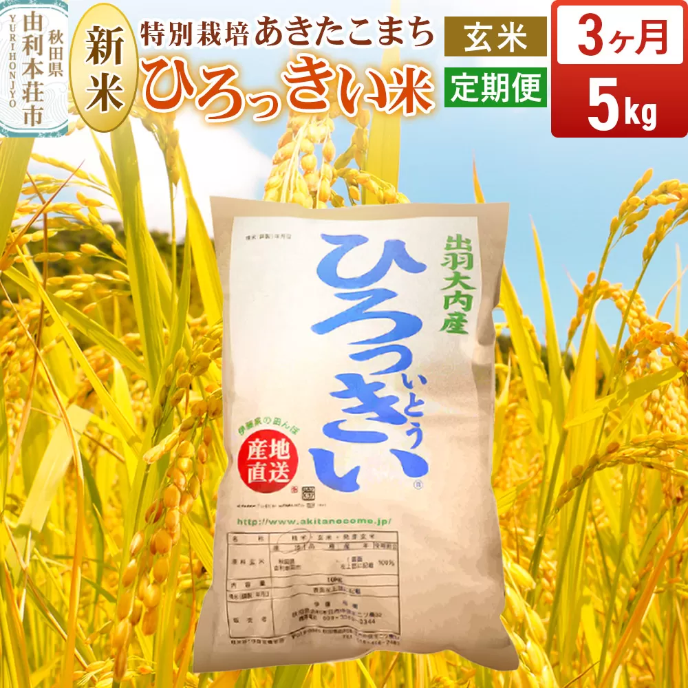 [定期便3ヶ月][玄米] 秋田県産 あきたこまち 5kg 令和7年産 特別栽培米 ひろっきい米 秋田県由利本荘市