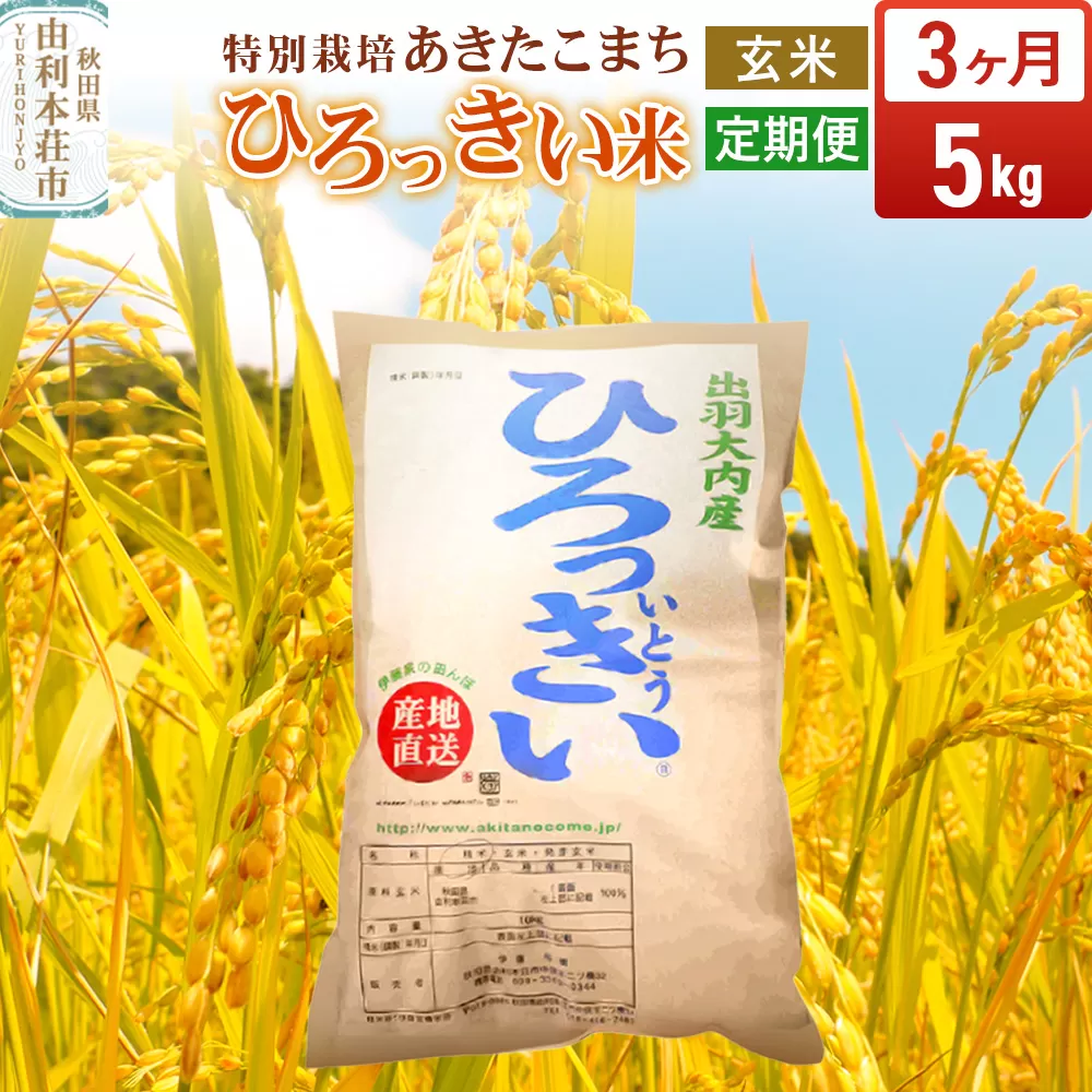 《定期便3ヶ月》【玄米】 秋田県産 あきたこまち 5kg 令和7年産 特別栽培米 ひろっきい米 秋田県由利本荘市