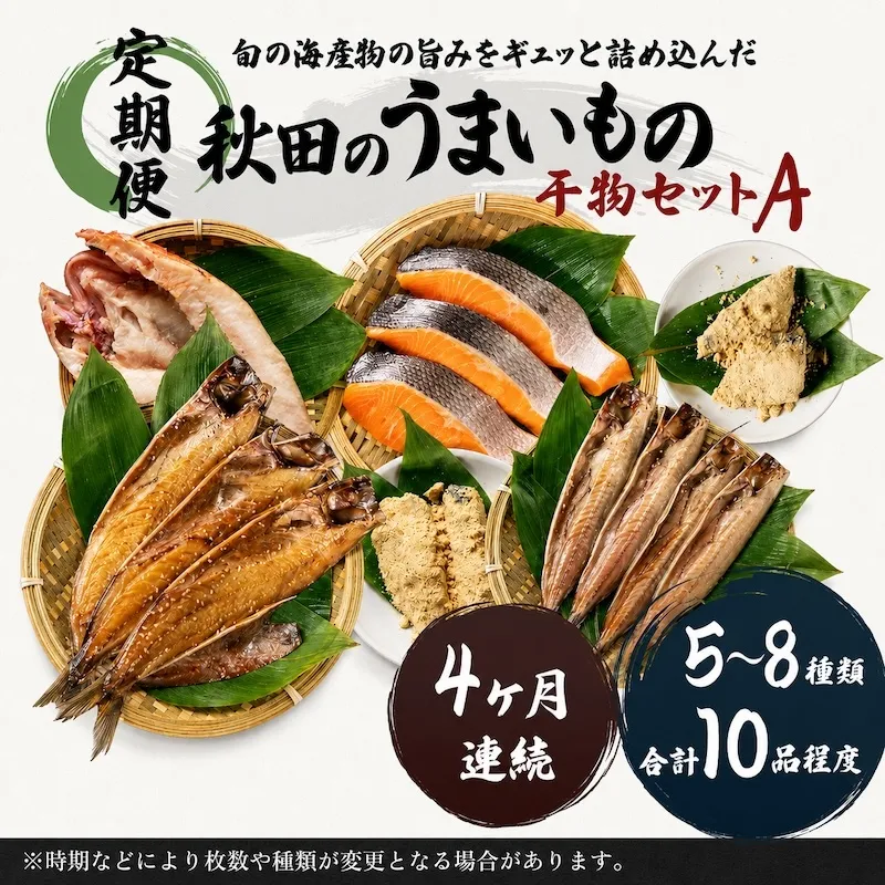 《定期便》4ヶ月連続 干物セット 10品程度(5～8種)「秋田のうまいものセットA」 魚貝類 加工食品 漬魚 4カ月 4回