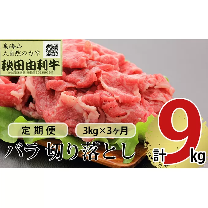 《定期便》3ヶ月連続 秋田由利牛 バラ切り落とし 3kg（1kg×3パック）