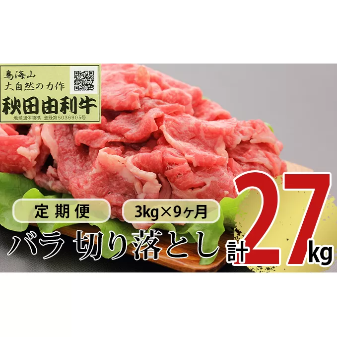 《定期便》9ヶ月連続 秋田由利牛 バラ切り落とし 3kg（1kg×3パック）