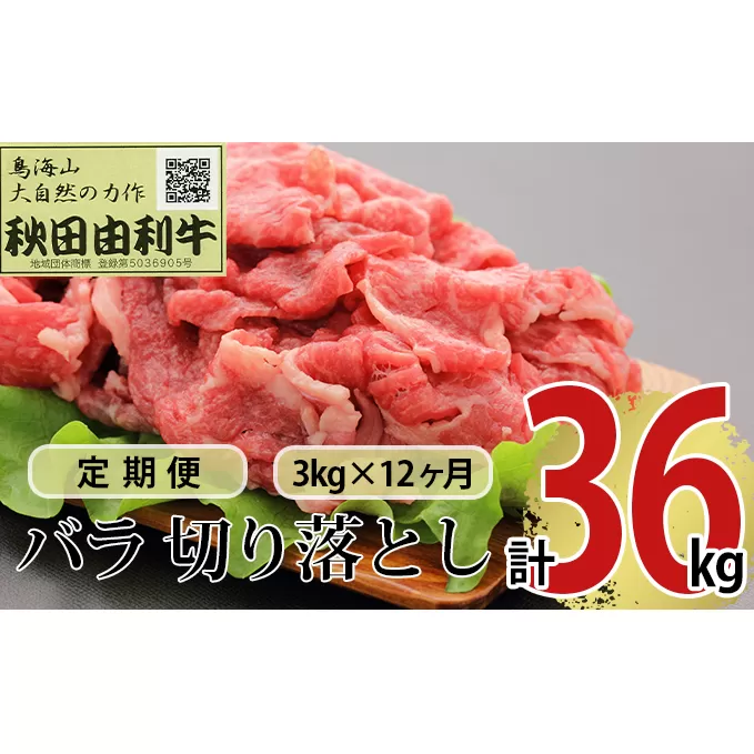 《定期便》12ヶ月連続 秋田由利牛 バラ切り落とし 3kg（1kg×3パック）