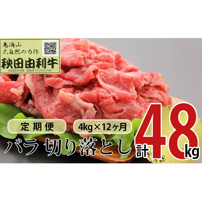 《定期便》12ヶ月連続 秋田由利牛 バラ切り落とし 4kg（1kg×4パック）