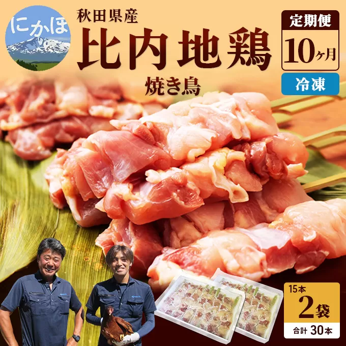 秋田県産比内地鶏肉 焼き鳥の定期便（30本×10ヵ月）（焼鳥 10ヶ月 もも肉 むね肉） やきとり 