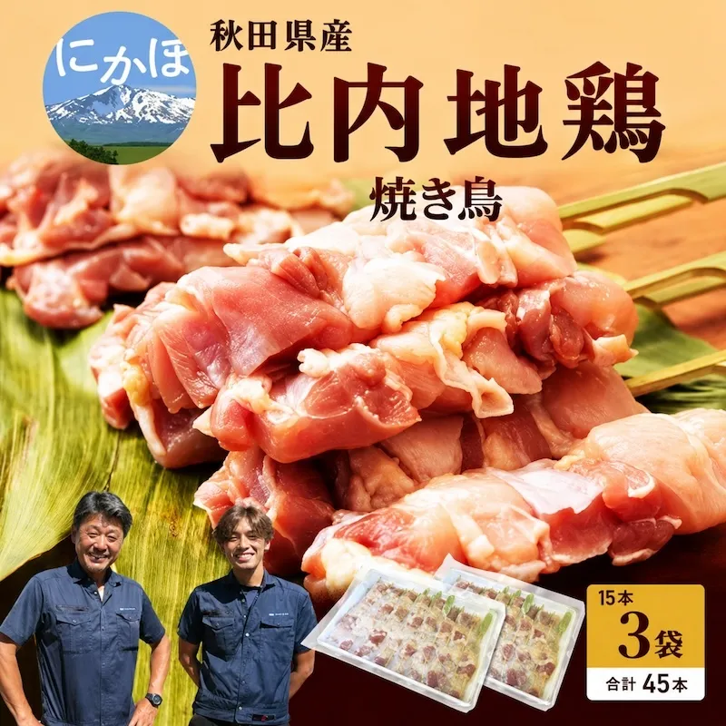 秋田県産比内地鶏肉の焼き鳥45本セット(15本×3袋)（やきとり 焼鳥 人気 冷凍 もも肉 むね肉） お肉 詰め合わせ