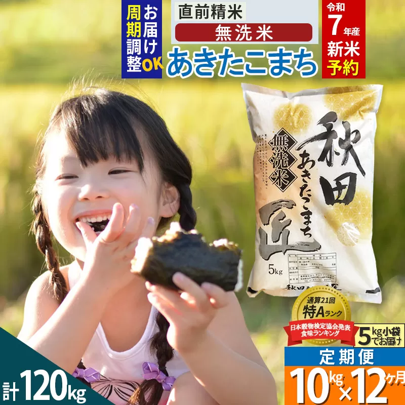 【無洗米】＜令和7年産 新米予約＞《定期便12ヶ月》秋田県産 あきたこまち 10kg (5kg×2袋) ×12回 10キロ お米【お届け周期調整 隔月お届けも可】 新米