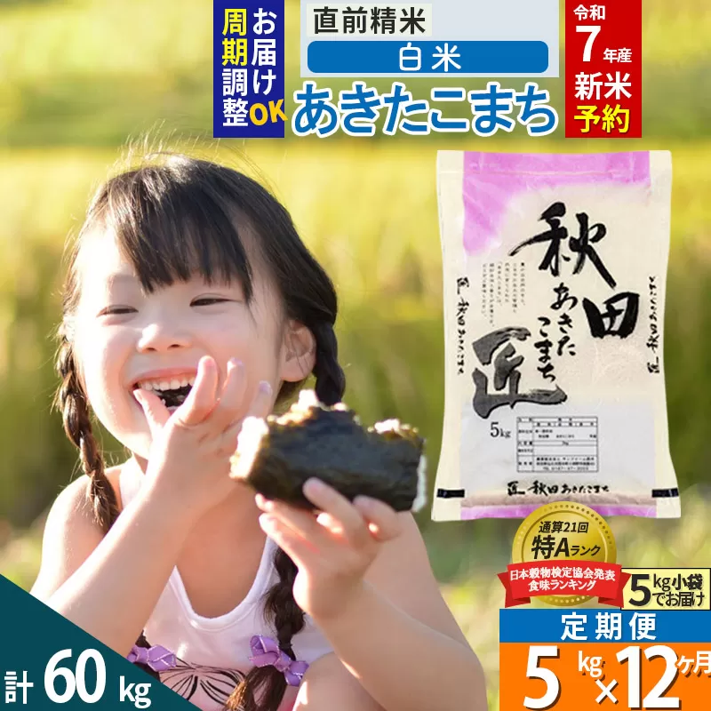 【白米】＜令和7年産 新米予約＞ 《定期便12ヶ月》秋田県産 あきたこまち 5kg (5kg×1袋)×12回 5キロ お米【お届け周期調整 隔月お届けも可】 新米