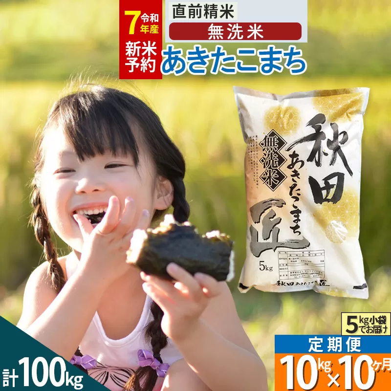 【無洗米】＜令和7年産 新米予約＞《定期便10ヶ月》秋田県産 あきたこまち 10kg (5kg×2袋) ×10回 10キロ お米  新米