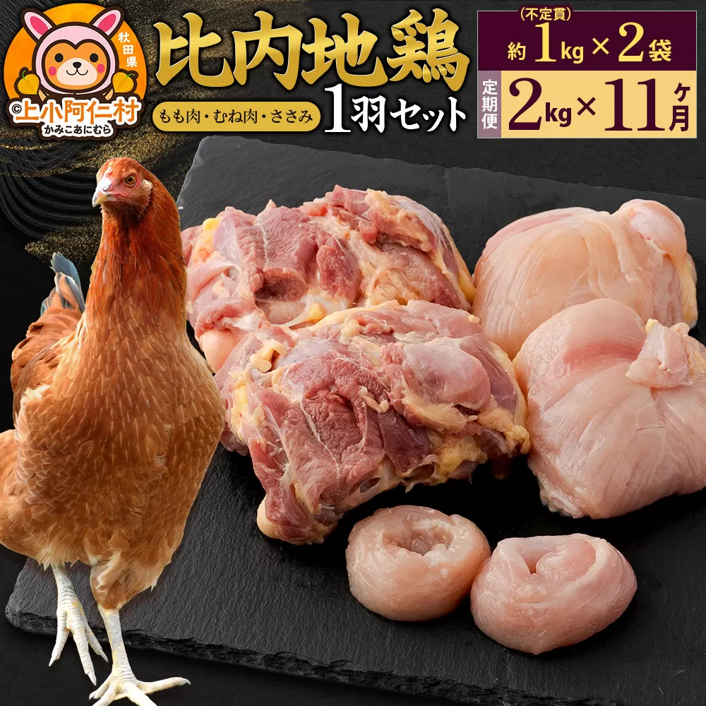 【定期便11ヶ月】比内地鶏 1羽セット(もも・むね・ささみ) 約2kg(不定貫約1kg×2袋) 2キロ 国産 冷凍 正肉 鶏肉 鳥肉 秋田県上小阿仁村