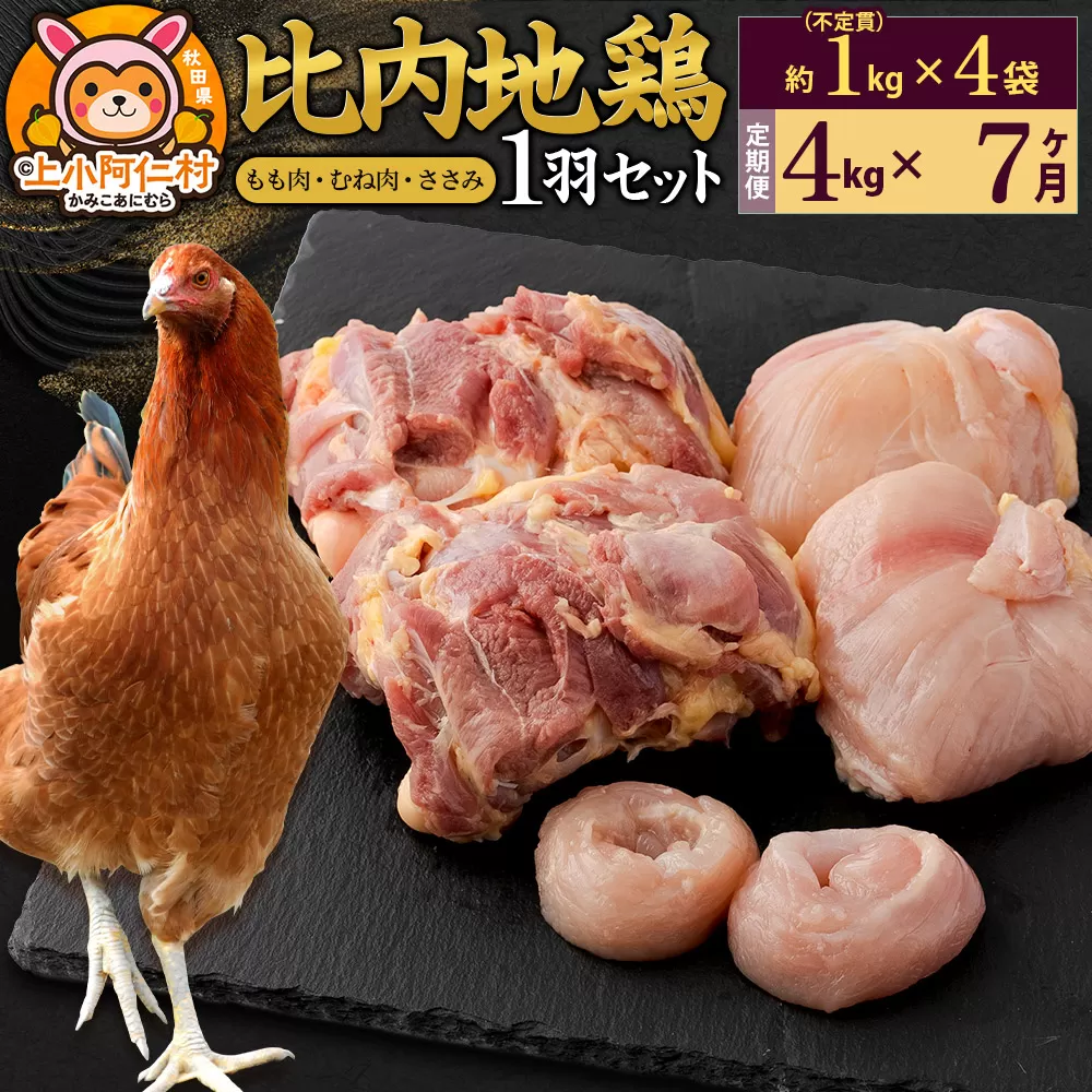 【定期便7ヶ月】比内地鶏 1羽セット(もも・むね・ささみ) 約4kg(不定貫約1kg×4袋) 4キロ 国産 冷凍 正肉 鶏肉 鳥肉 秋田県上小阿仁村