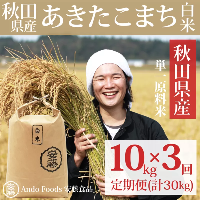 《令和7年産》《定期便3ヶ月》秋田県産 あきたこまち 10kg(10kg×1袋)×3回【白米】計30kg 令和7年産 秋田県三種町