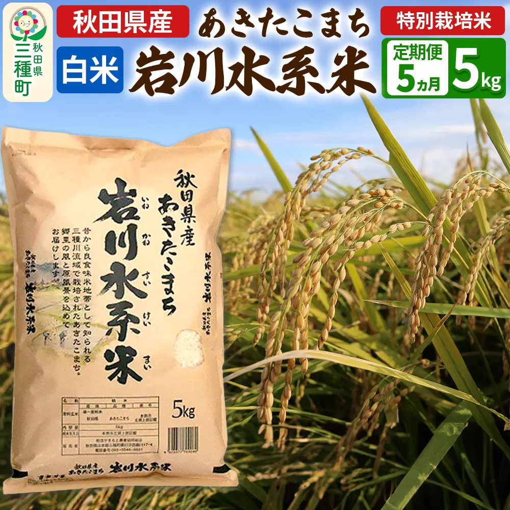 《定期便5ヶ月》【白米】あきたこまち 岩川水系米 5kg(5kg×1袋)×5回 令和7年産   秋田県三種町