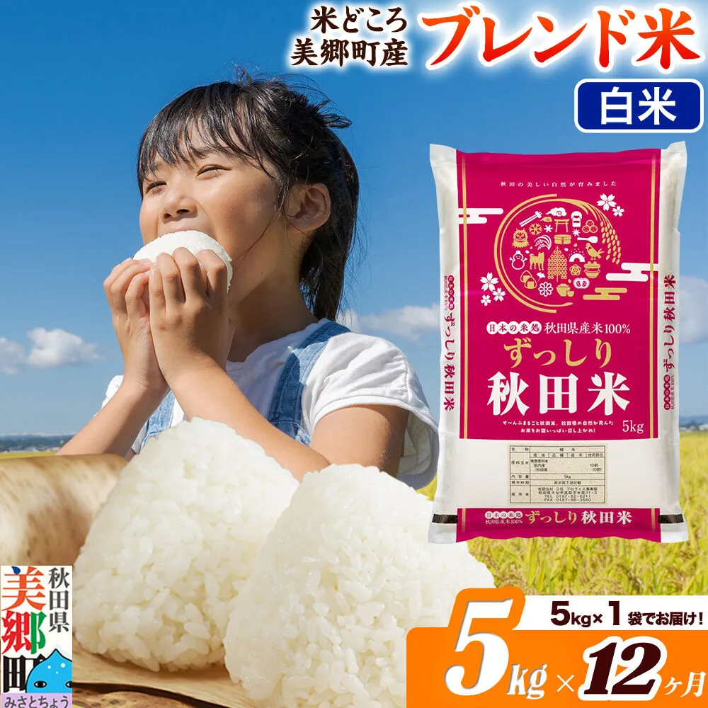 米《定期便12ヶ月》ブレンド米【白米】精米 5kg（5kg×1袋）秋田県美郷町産 [5kg袋 お米 こめ ご飯 ごはん 米どころ 秋田県産 美郷町] 秋田県美郷町