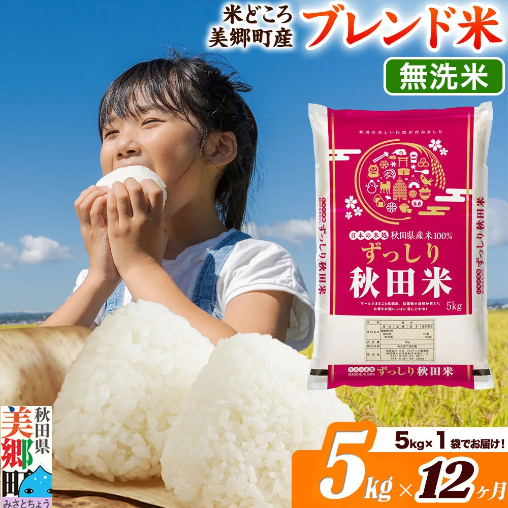 米《定期便12ヶ月》ブレンド米【無洗米】精米 5kg（5kg×1袋）秋田県美郷町産 [5kg袋 お米 こめ ご飯 ごはん 米どころ 秋田県産 美郷町] 秋田県美郷町