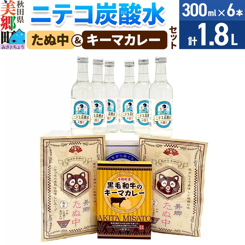 ニテコ炭酸水6本とたぬ中・キーマカレーのセット 炭酸飲料 カレー キーマカレー レトルト 中華麺 秋田県美郷町
