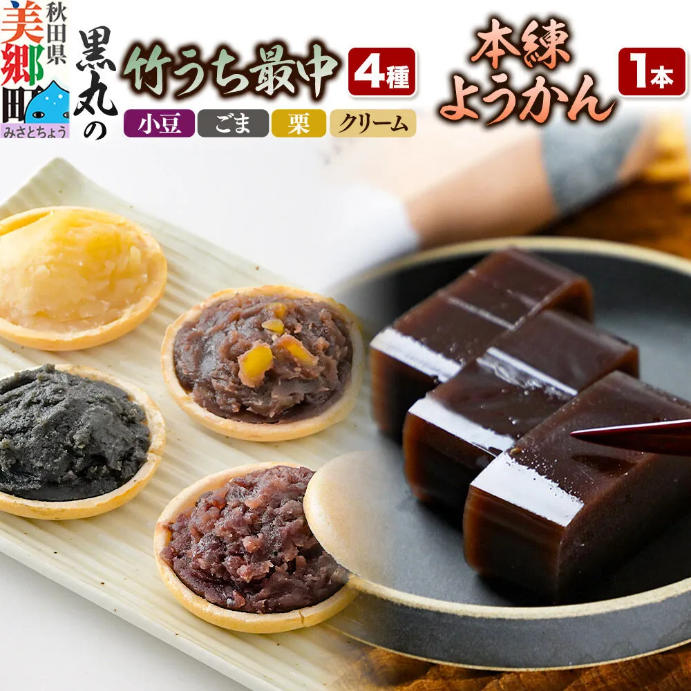 最中と羊羹 竹うちもなか4種（小豆／ごま／栗／クリーム各1個）・本練ようかん1本 セット [和菓子 最中 羊羹 本練 秋田 詰め合わせ] 秋田県美郷町