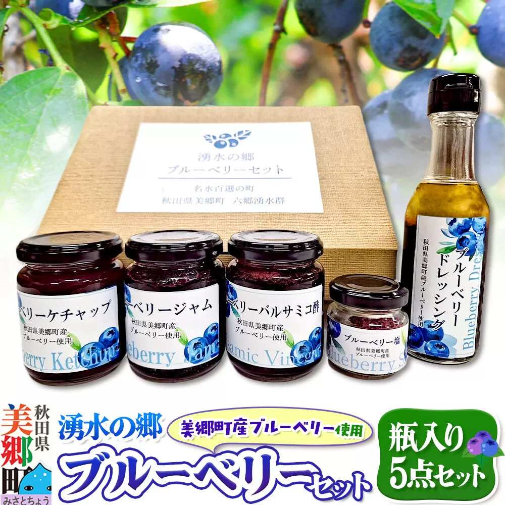 湧水の郷ブルーベリーセット 5点 （バルサミコ酢、ドレッシング、ジャム、ケチャップ、ブルーベリー塩） [秋田 美郷町 バルサミコ ビネガー ギフト ドレッシング 調味料 ジャム フルーツ 果実 果物] 秋田県美郷町