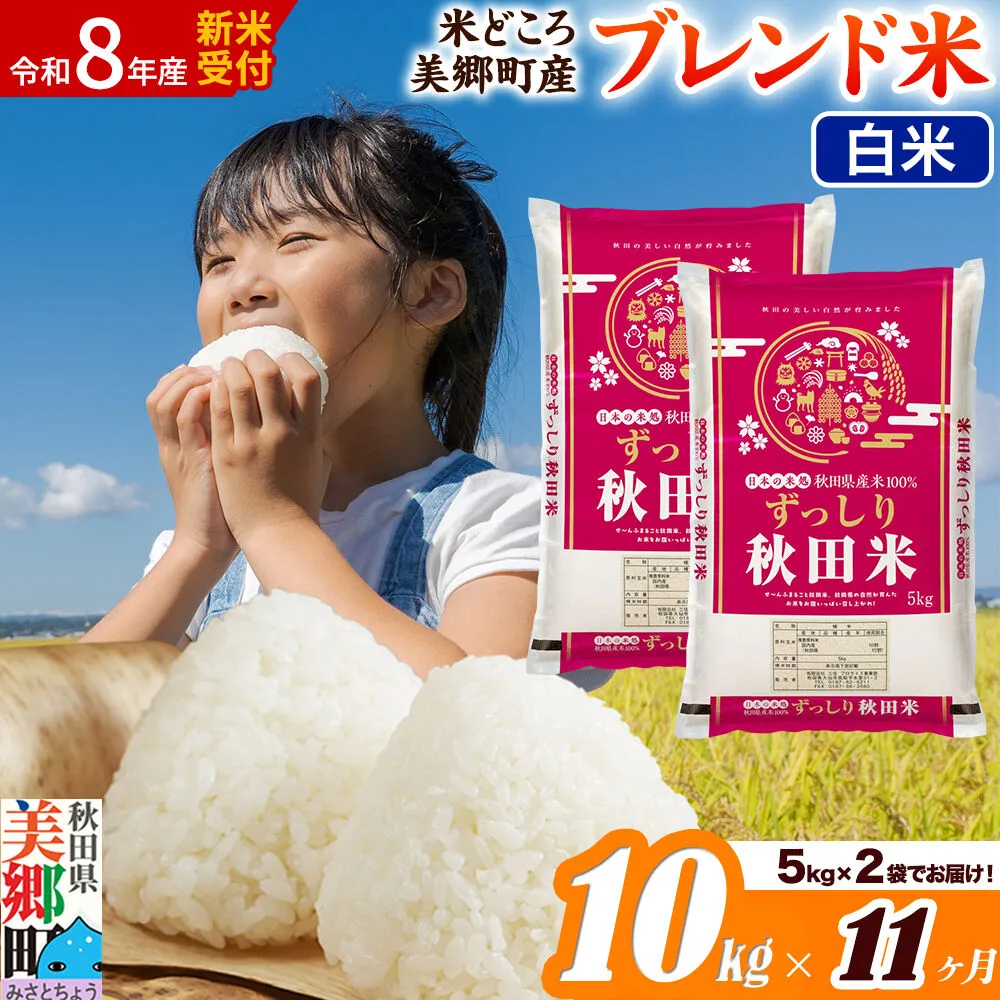 《令和8年産 新米受付》米《定期便11ヶ月》ブレンド米【白米】精米 10kg（5kg×2袋）秋田県美郷町産 [5kg袋 お米 こめ ご飯 ごはん 米どころ 秋田県産 美郷町] 秋田県美郷町