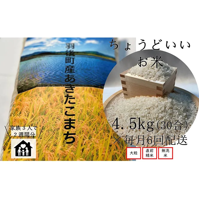 ちょうどいい量のお米 定期便 ◎ あきたこまち 無洗米（毎月4.5kg×6回）