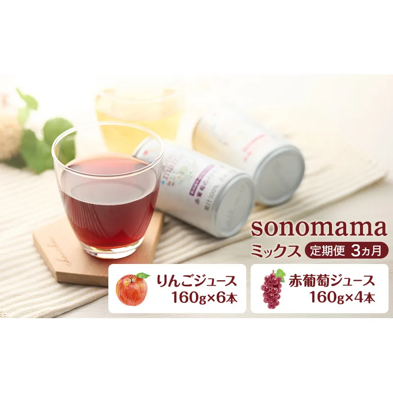 《 定期便 3ヵ月 》ミックス「sonomama」(160g×10本）りんごジュース 赤ぶどうジュース ジュース 飲料