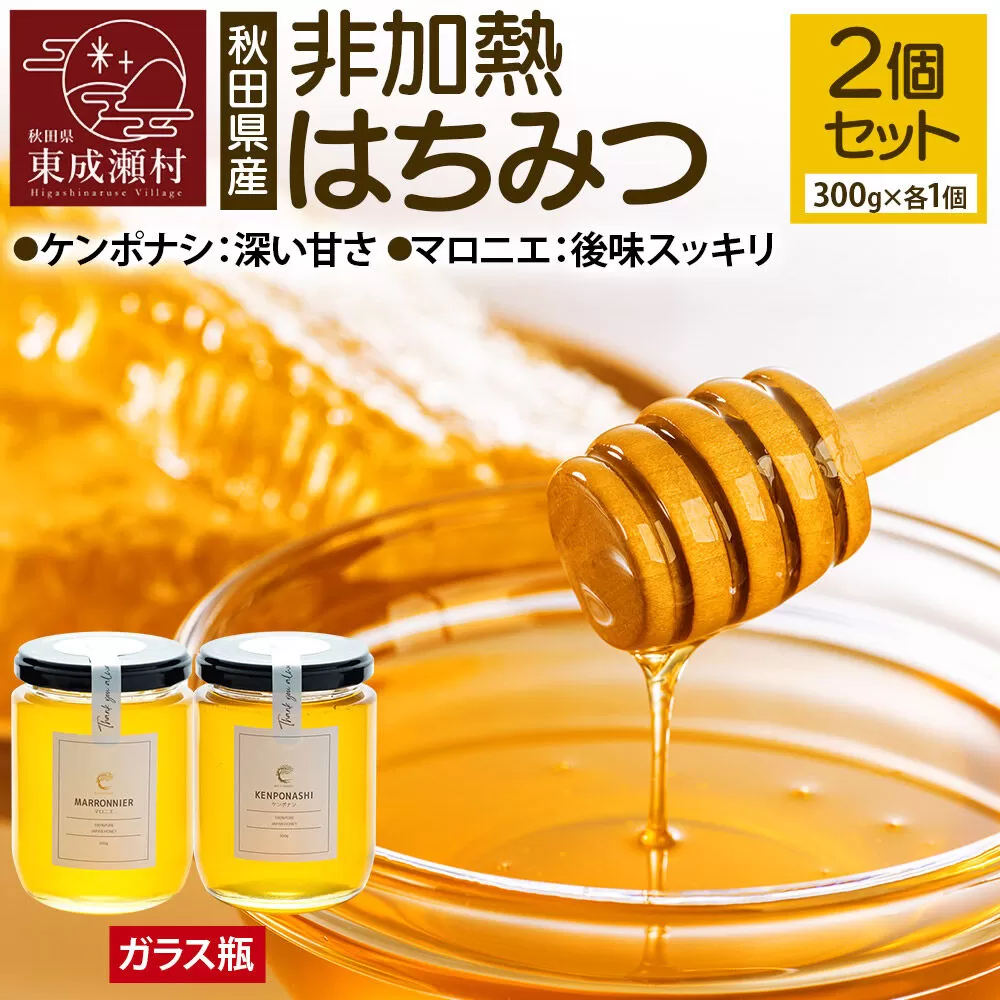 はちみつ2個セット（MARRONNIER・KENPONASHI ガラスびん）300g×各1個 計2個 [BEE CONNECT はちみつ ハチミツ 蜂蜜 セット ガラス瓶 瓶 マロニエ 栃 トチ 玄圃梨 秋田県産] 秋田県東成瀬村
