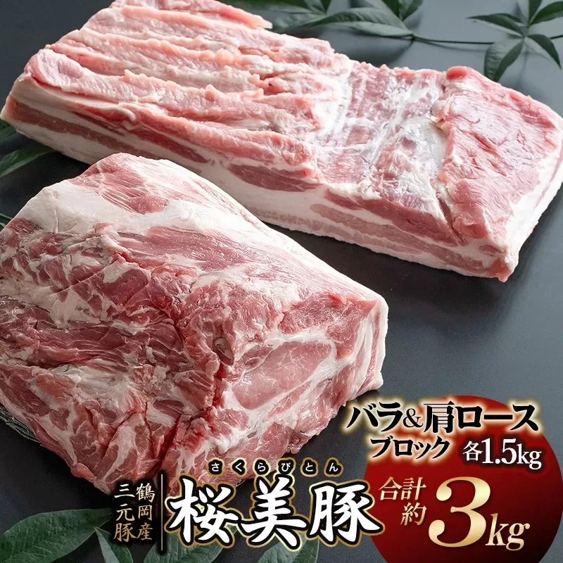 鶴岡産三元豚「桜美豚」バラブロック・肩ロースブロックセット　各約1.5kg（計約3kg）　K-7105　豚肉　長南牛肉店