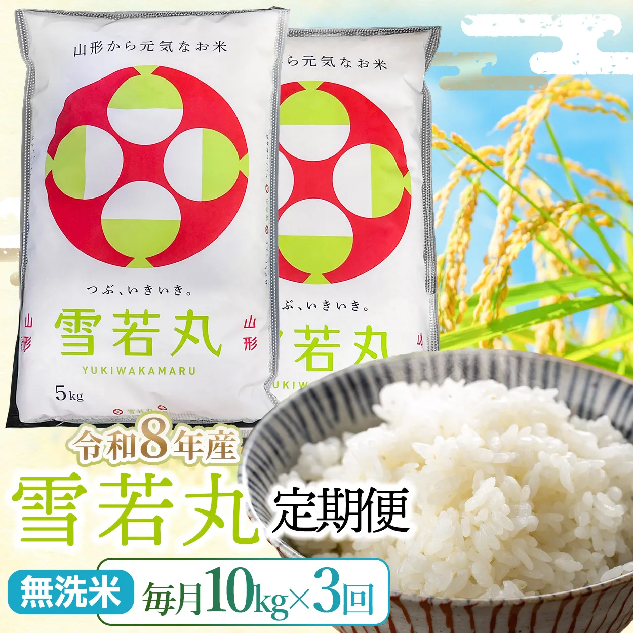 【令和8年産】【3ヶ月定期便】雪若丸 無洗米10kg(5kg×2袋)×3回 山形県鶴岡市 らん工房 | 定期 ゆきわかまる 10キロ 米 お米 おこめ コメ こめ 食品 ご飯 ごはん おいしい お取り寄せ 農家直送 お弁当 おにぎり 東北 国産 おすすめ 人気 返礼品